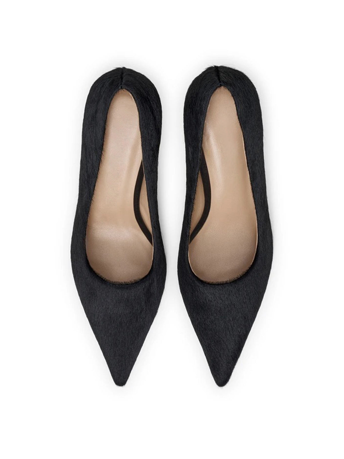 Black Pony Hair Vegan Leather Pointed-Toe Slip-On Chic Kitten Heels