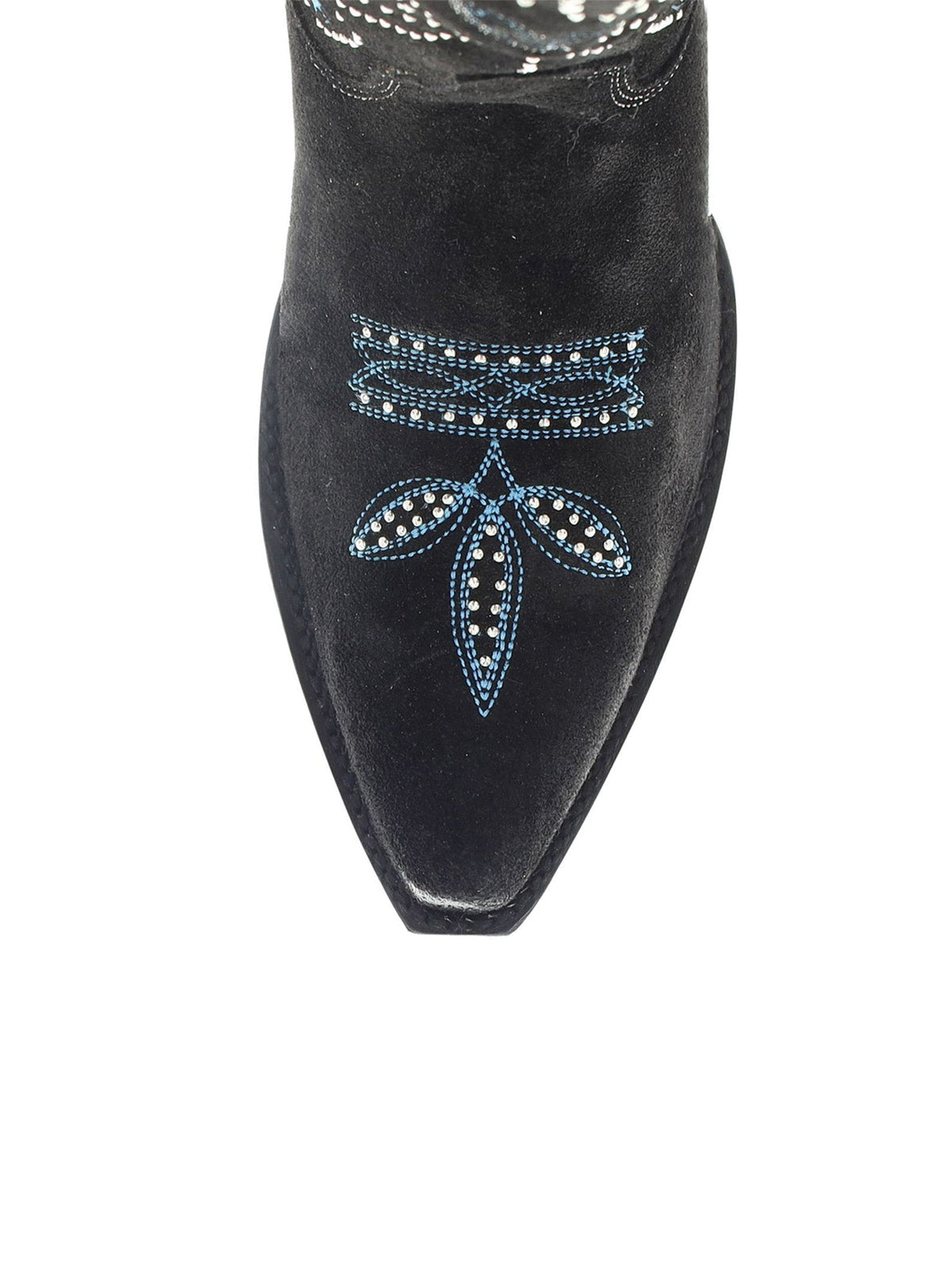Black Faux Suede Snip-Toe Cosmic Embroidery Little Rhinestones Half-Zip Knee High Cowgirl Boots
