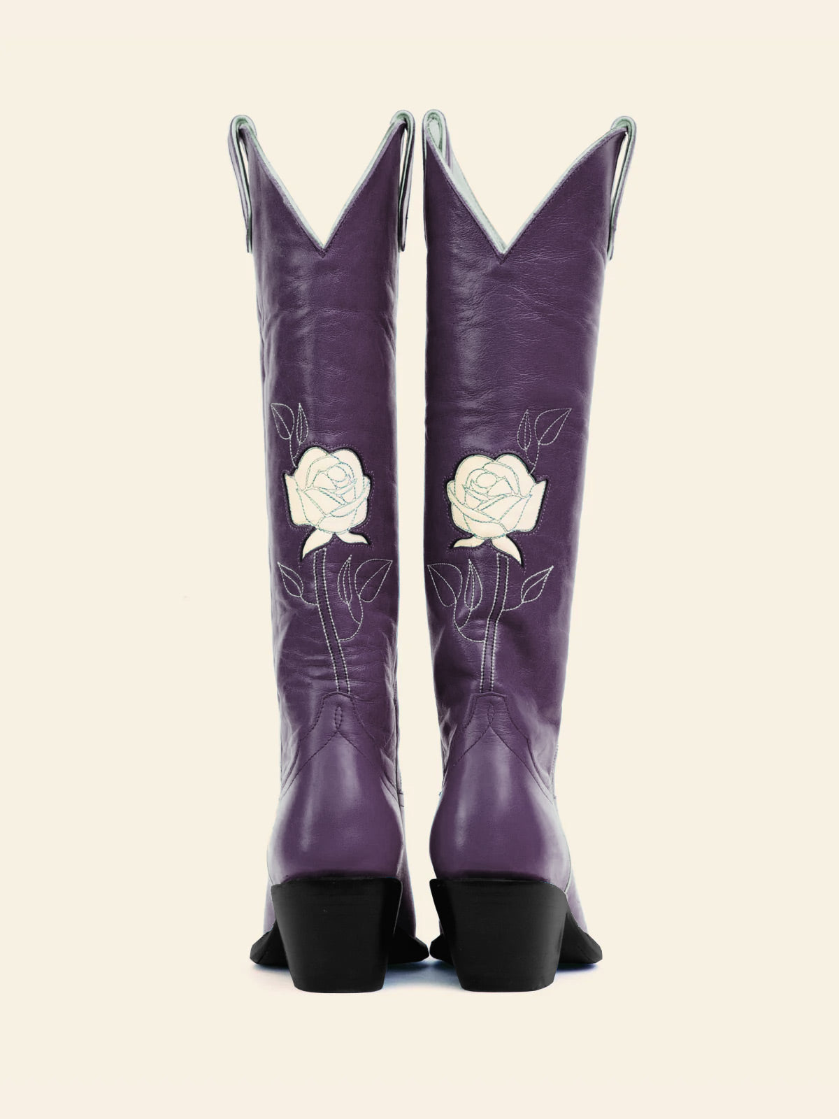 Purple Almond-Toe Cowgirl Wide Calf Boots With White Rose Inlay