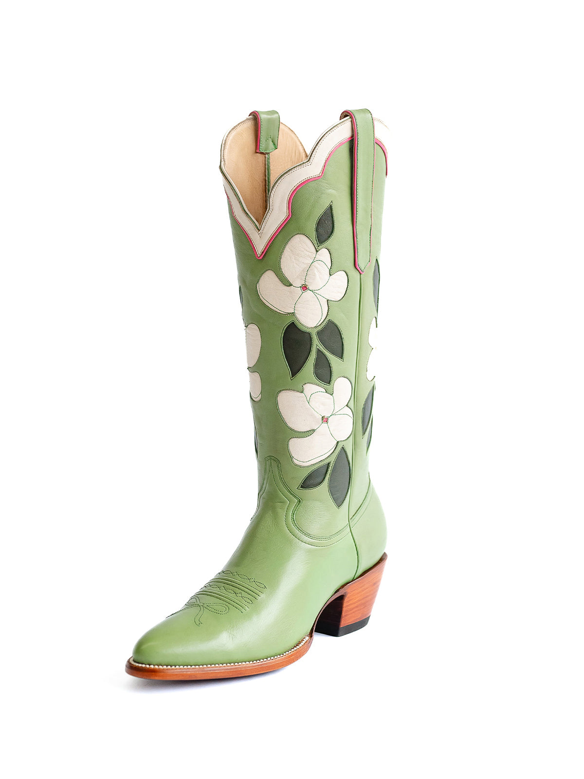 Green Almond-Toe White Flower Inlay Wide Calf Knee High Cowgirl Boots