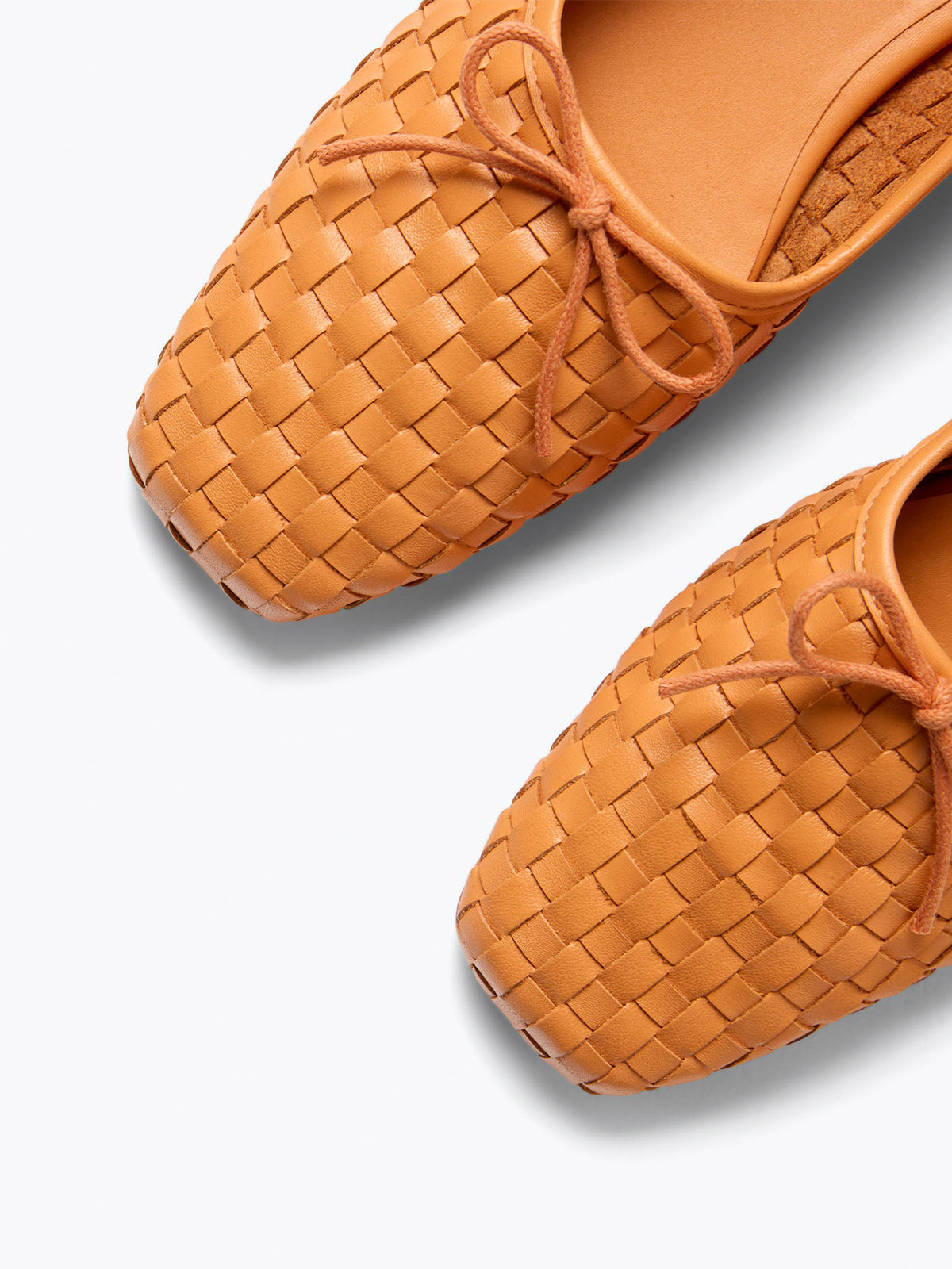 Vegan Leather Woven Square-Toe Bow Ballet Flats - Orange