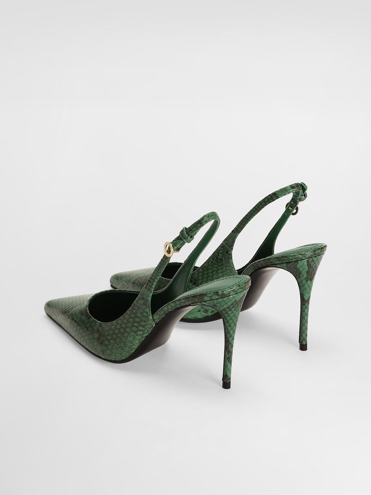Green Snakeskin Print Pointed-Toe Buckle Slingback High Heels Pumps