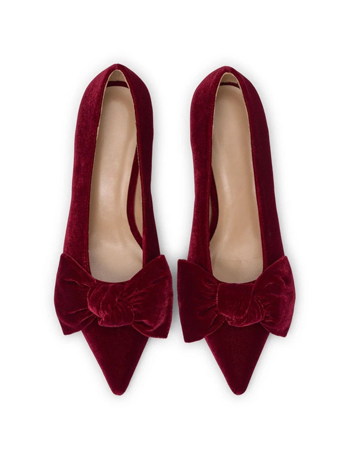 Dark Red Velvet Pointed-Toe Front Oversized Bow Slip-On Kitten Heels
