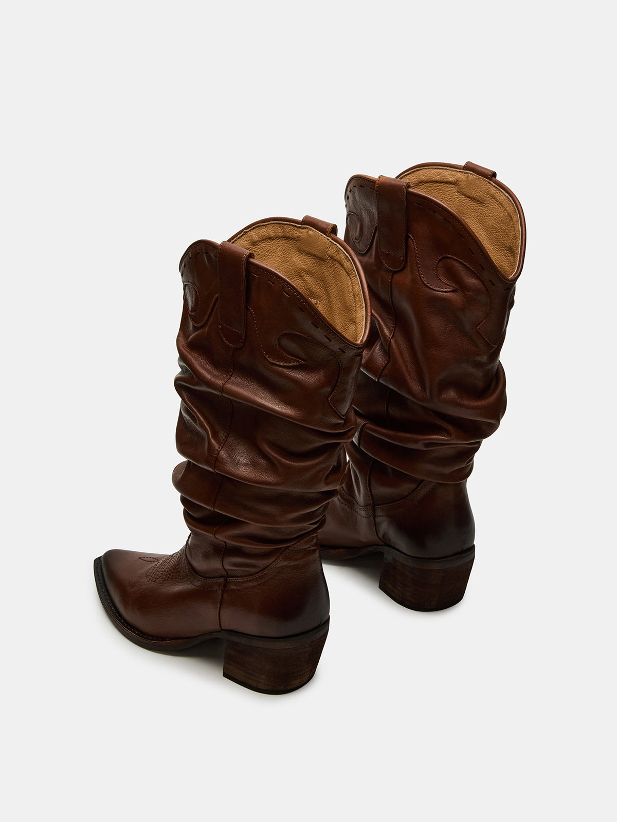 Cognac Pointed-Toe Scrunched Tall Knee High Wide Calf Cowgirl Boots