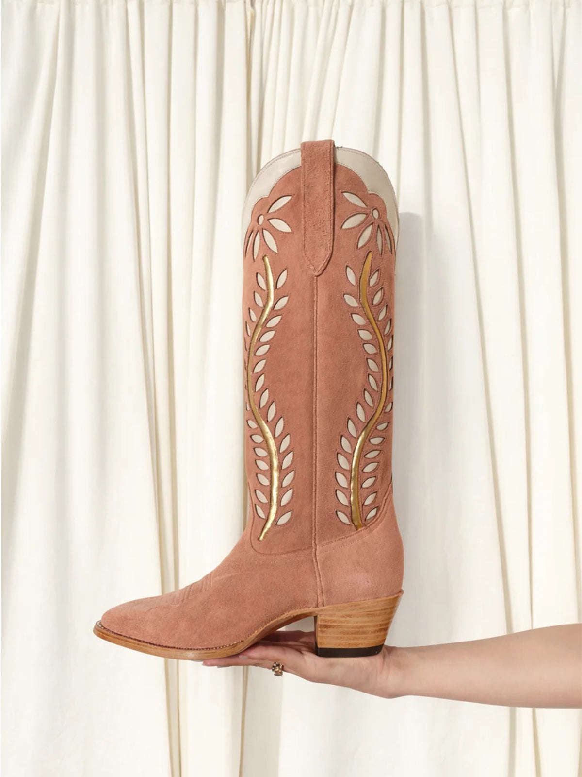 Light Brown Faux Suede Round-Toe Leaves Inlay Wide Calf Knee High Cowgirl Boots
