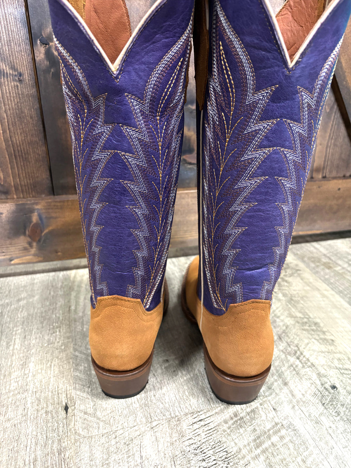 Contrast Brown And Purple Square-Toe Classic Embroidery Wide Calf Knee High Cowgirl Boots