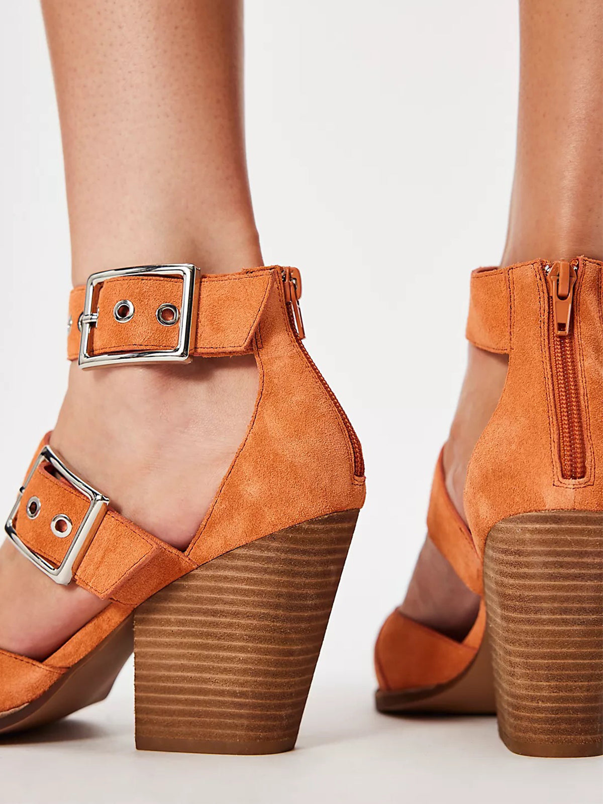 Pointed-Toe Three Buckled Straps Back Zip Chunky High Heels - Orange Faux Suede