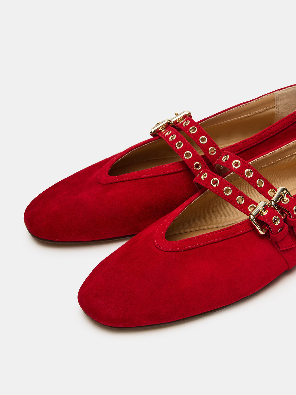 Red Faux Suede Square-Toe Double Bridge Straps Ballet Flats