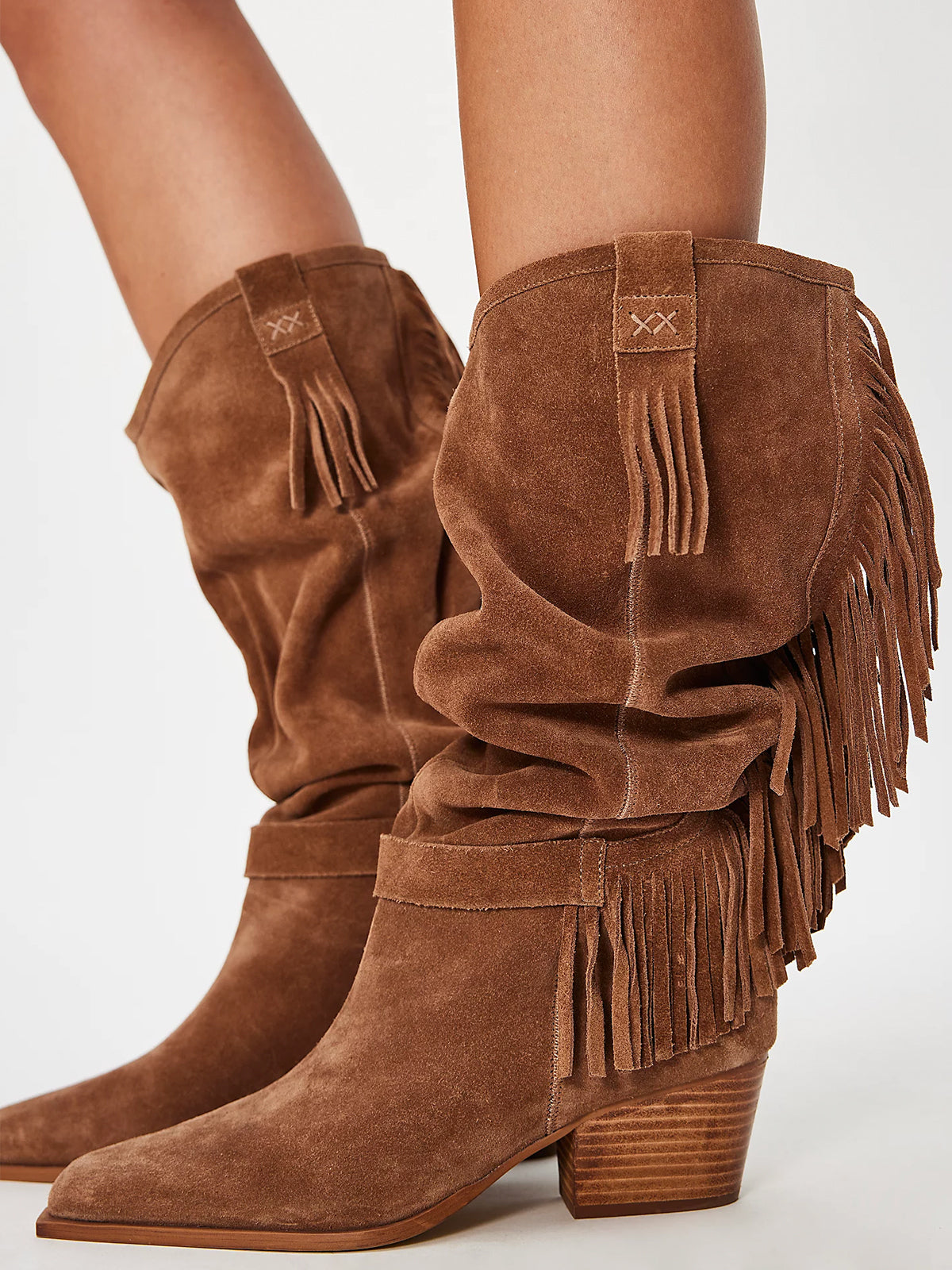 Brown Faux Suede Pointed-Toe Fringe Wide Calf Knee High Cowgirl Boots