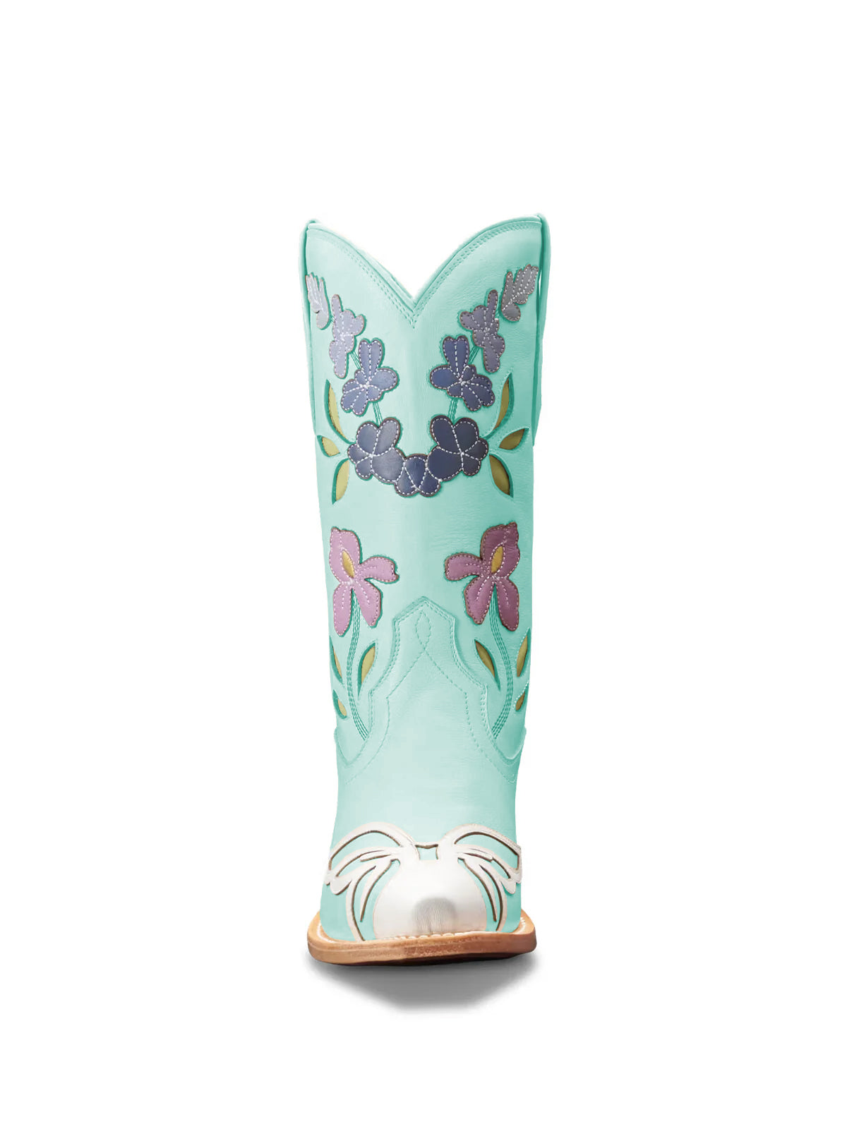 Light Cyan Snip-Toe Flower Applique Mid Calf Pull On Cowgirl Boots