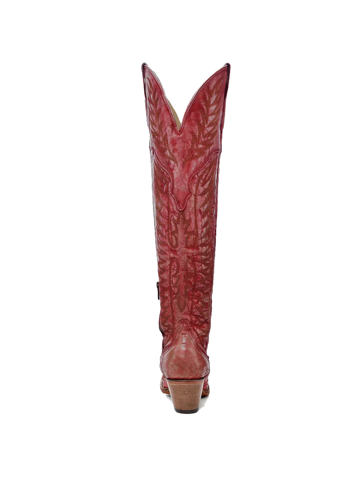 Almond-Toe Classic Embroidery Half-Zip Over-The-Knee Cowgirl Boots - Distressed Red