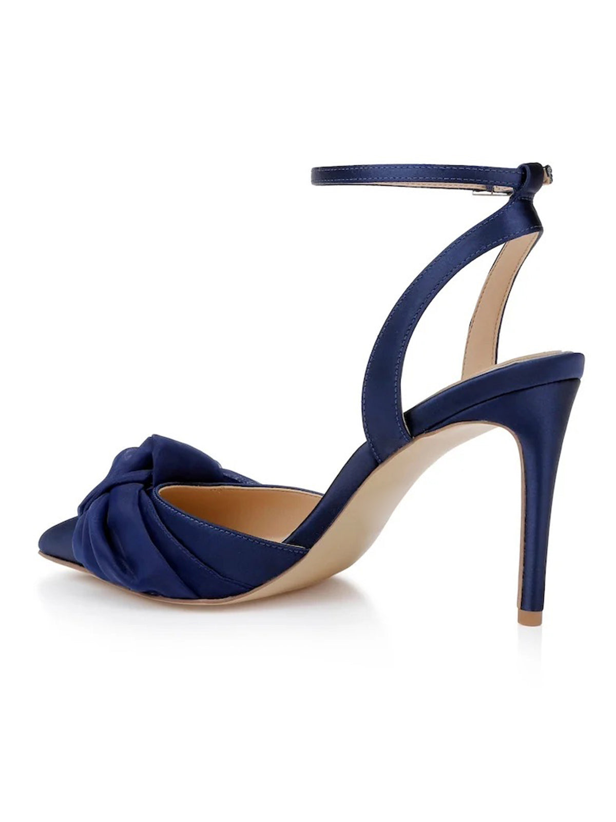 Navy Satin Pointed-Toe Front Soft Knot Slingback Ankle Strap High Heels