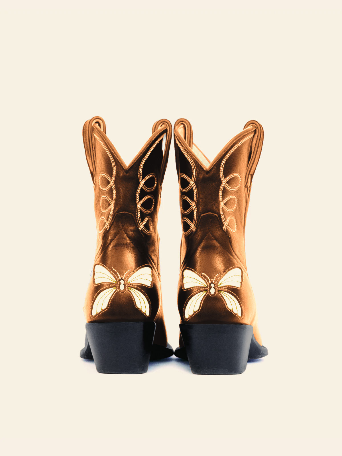 Metallic Bronze Embroidered Almond-Toe Cowgirl Ankle Booties With Butterfly Inlay