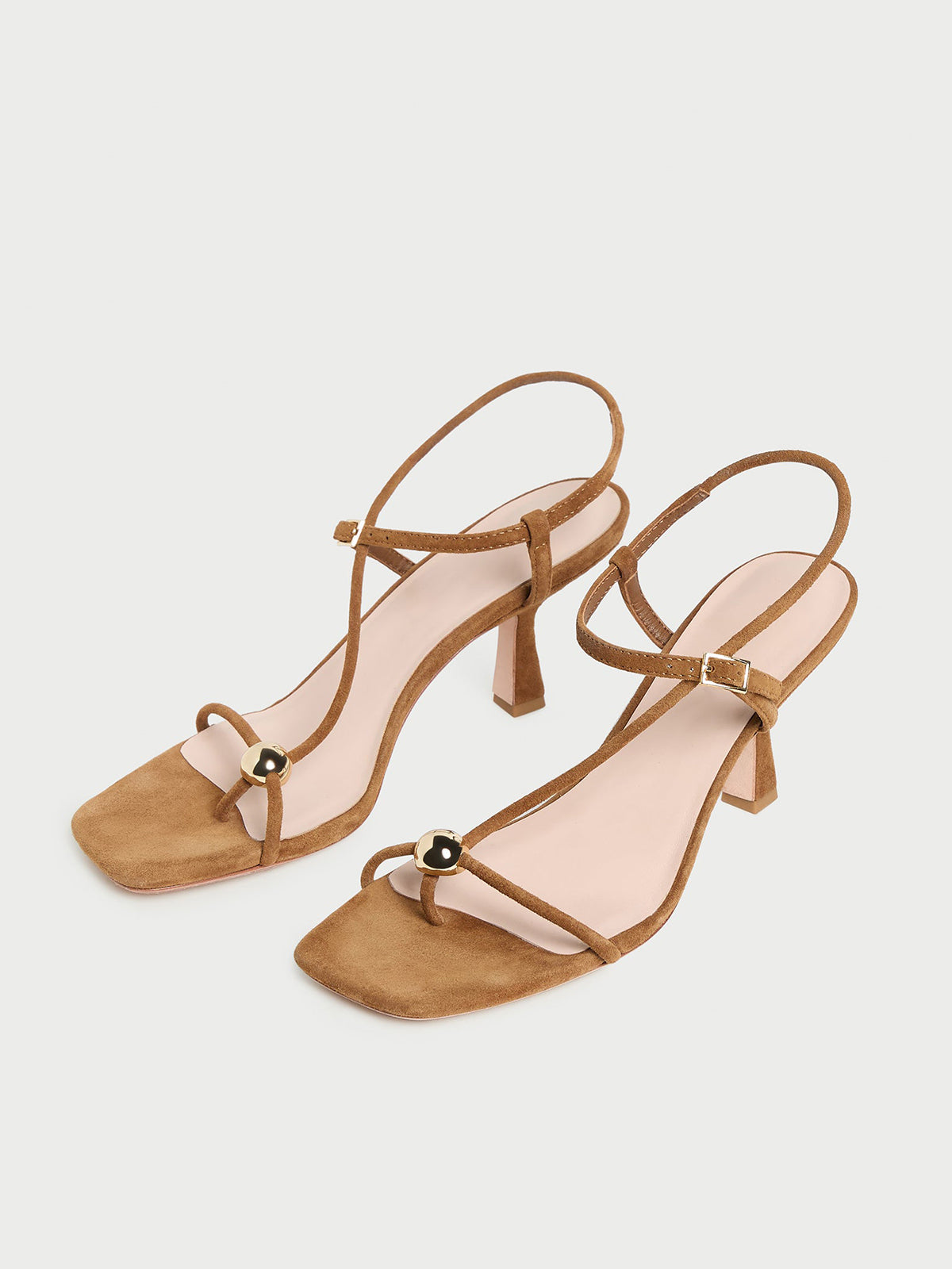 Brown Faux Suede Square-Toe Buckle Strappy Kitten Heels With One Silver Ball