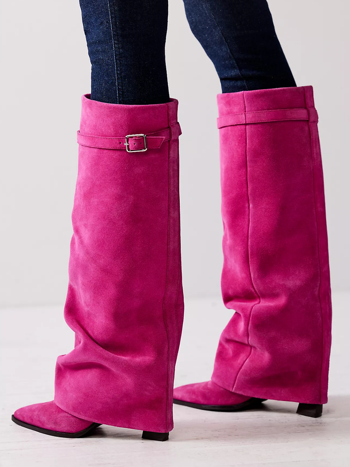 Faux Suede Pointed-Toe Buckle Fold-Over Mid Calf Boots - Fuchsia
