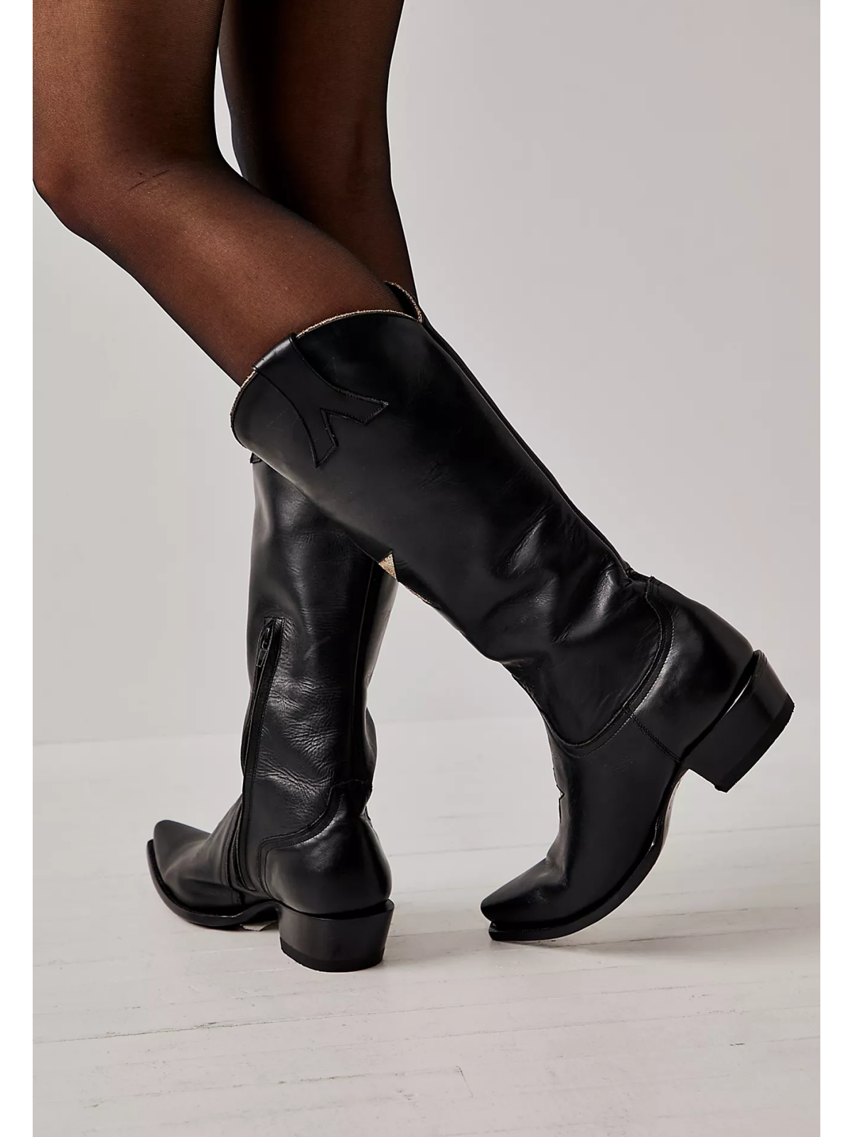 Black Snip-Toe Metallic Star Inlay Tall Half-Zip Mid Calf Cowgirl Boots