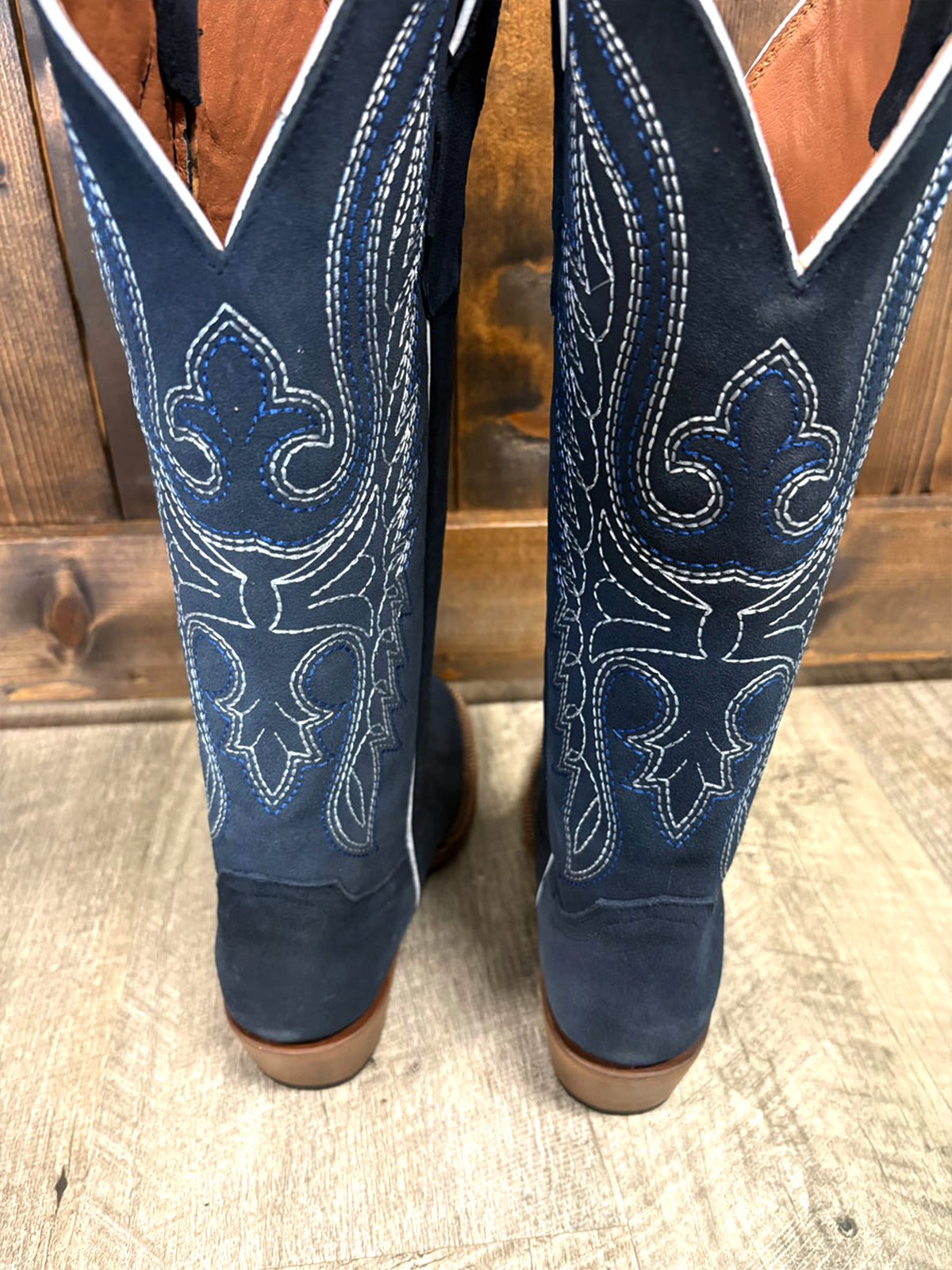 Navy Faux Suede Square-Toe Classic Embroidery Wide Calf Knee High Cowgirl Boots