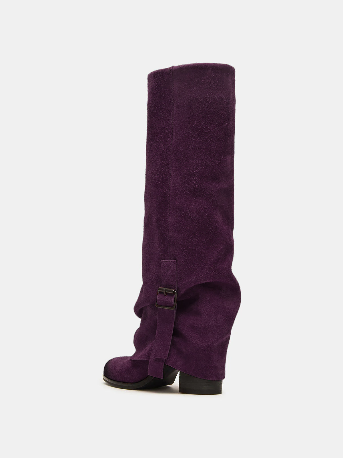 Grape Purple Faux Suede Round-Toe Fold-Over Adjustable Buckle Knee High Cowgirl Boots