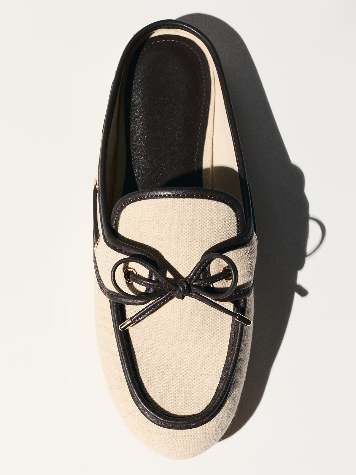 Cream Canvas Round-Toe Front Bow Chic Mules Flats