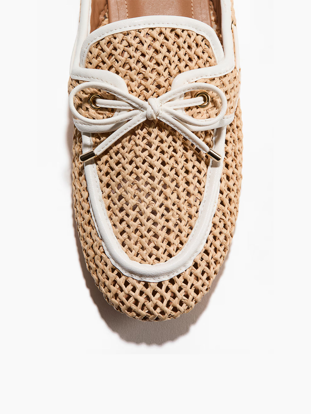 Beige Grass Woven Round-Toe Front Bow Chic Mules Flats