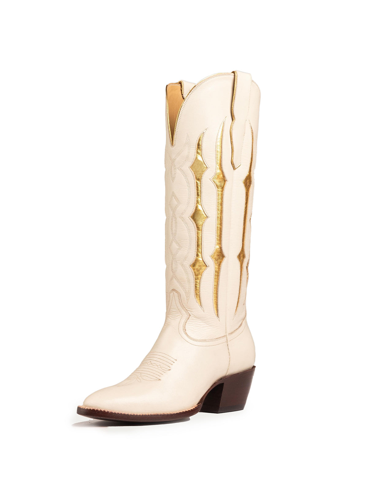 Ivory Contrast Metallic Gold Inlay Stitch Almond-Toe Wide Knee High Western Cowgirl Boots