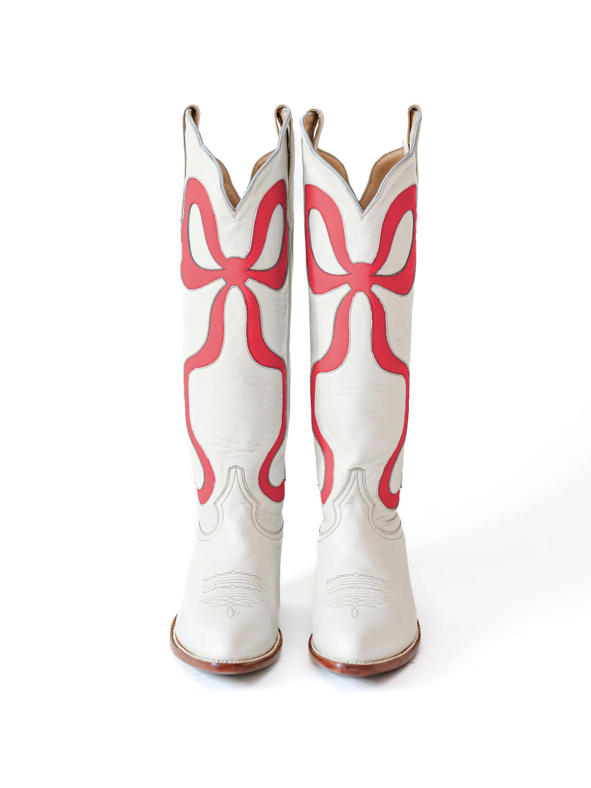 White Almond-Toe Wide Calf Western Boots Knee High Tall Boots With Red Bowknot Inlay