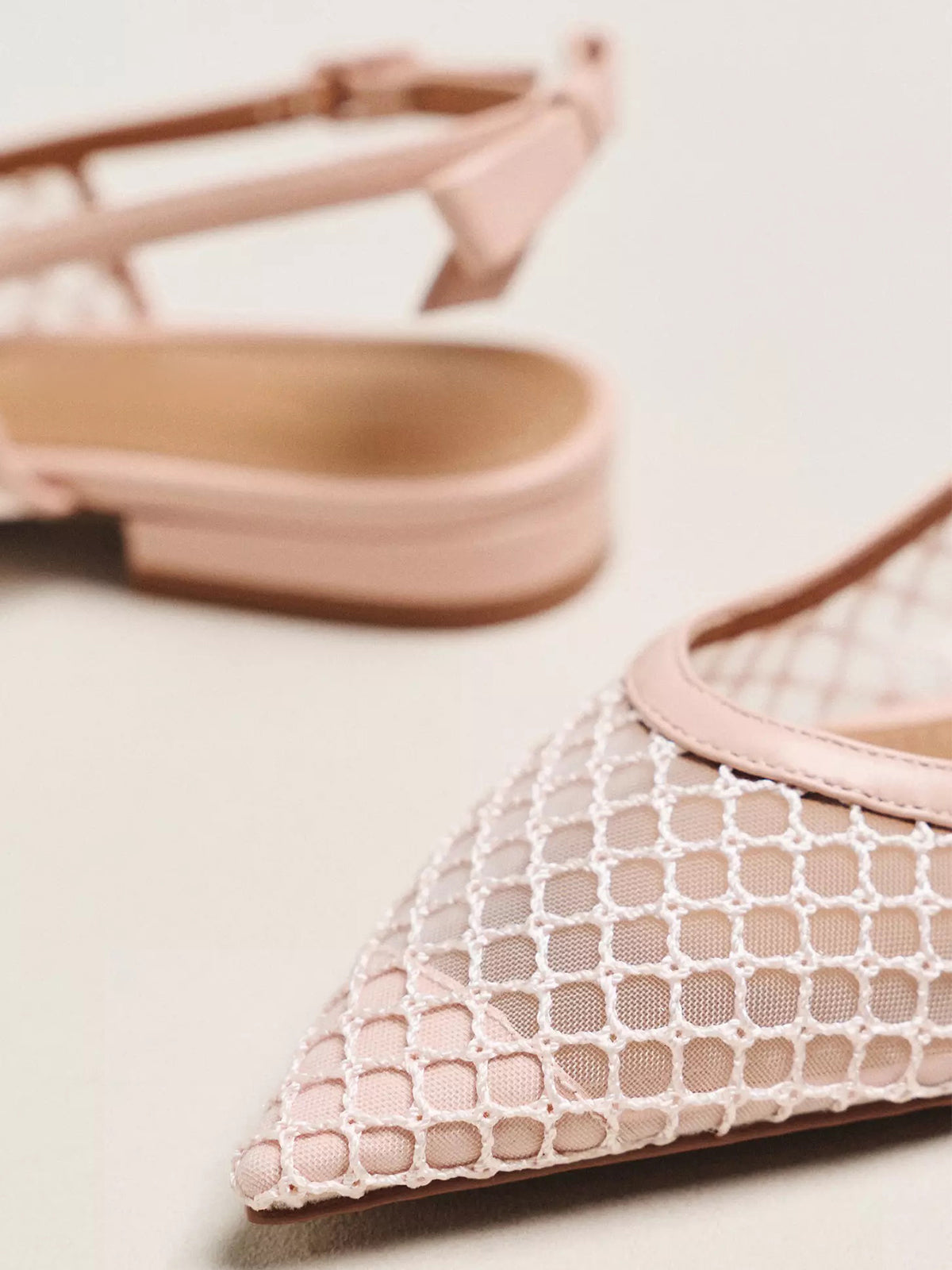 Nude Mesh Pointed-Toe Slingback Back Bow Flats
