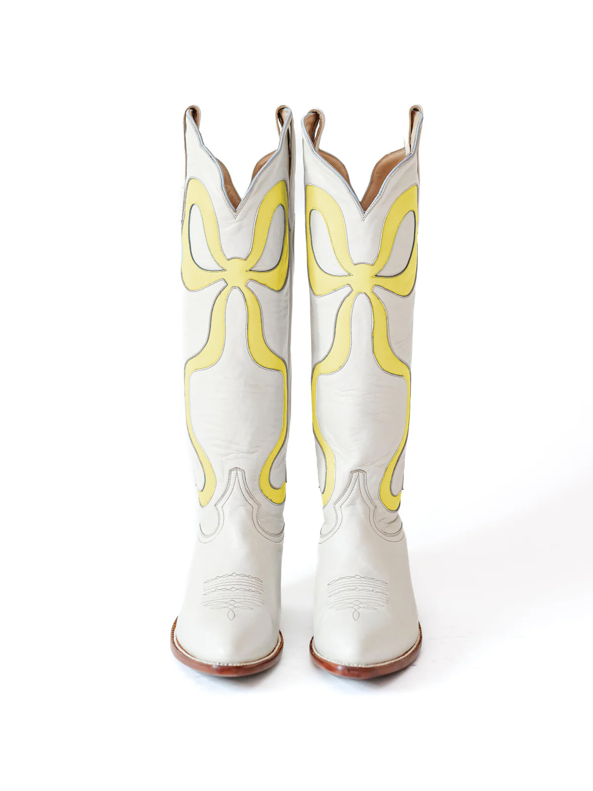 White Almond-Toe Wide Calf Western Boots Knee High Tall Boots With Yellow Bowknot Inlay