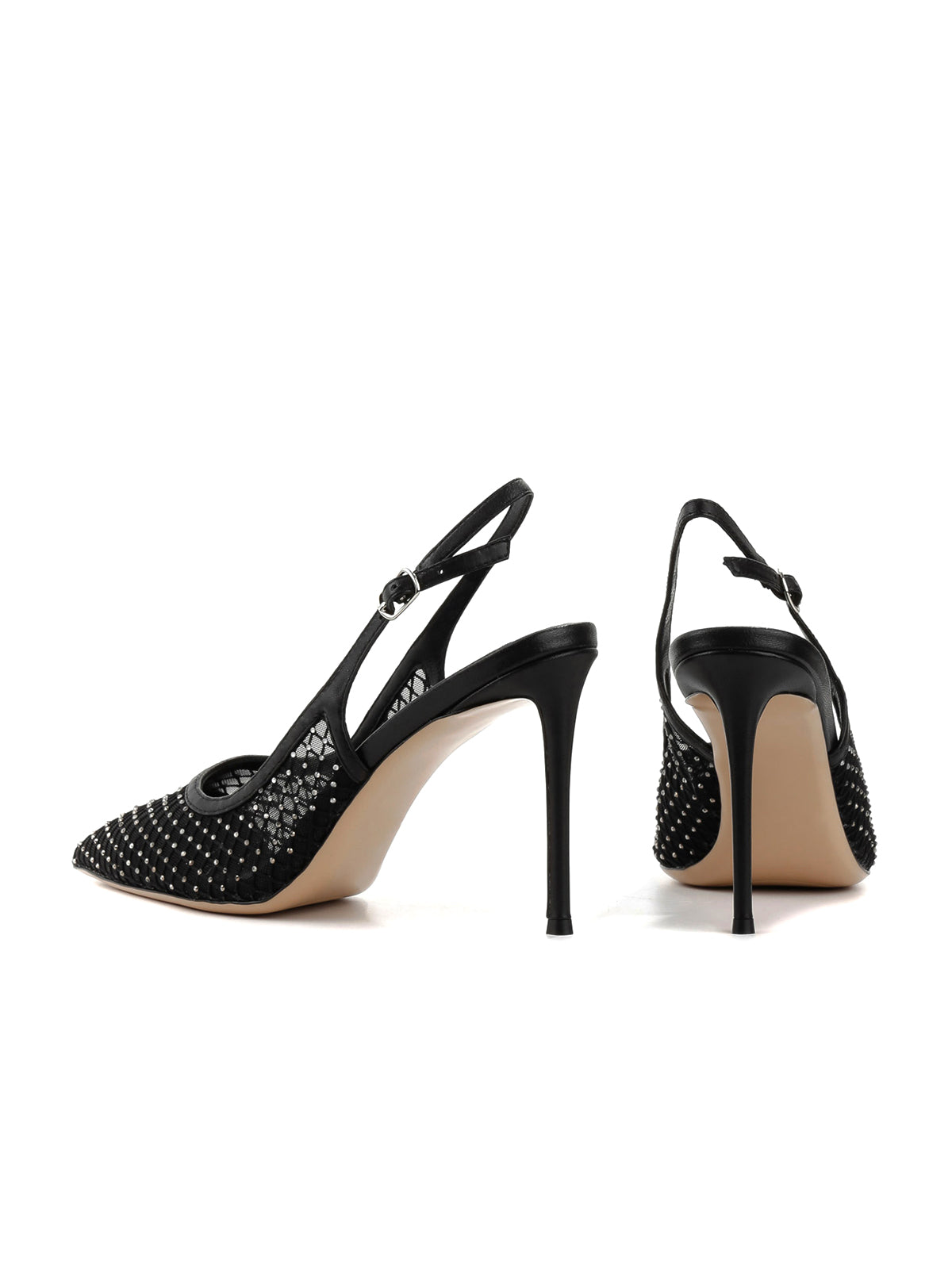 Black Mesh With Rhinestones Pointed-Toe Back Strap High Heels