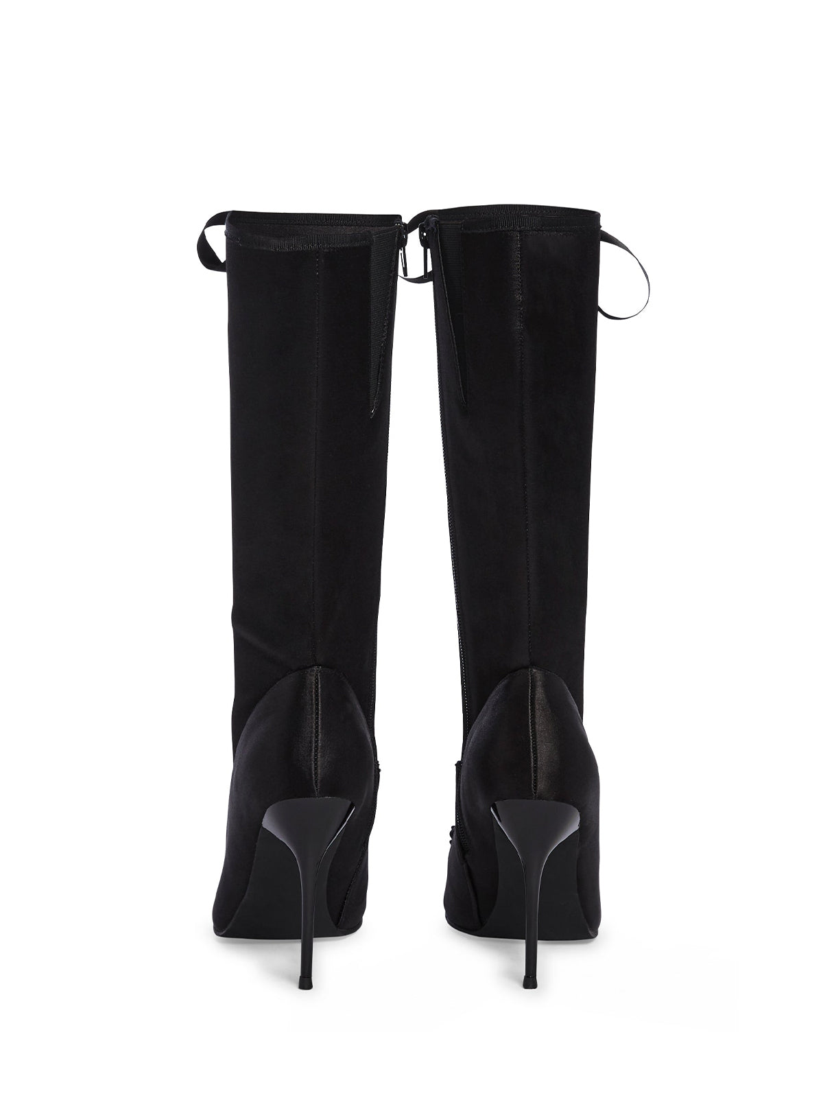 Black Satin Lace-Up Front Bow Full-Zip Mid Calf Stiletto Boots