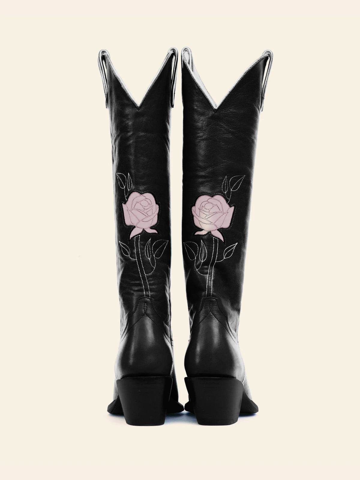 Black Almond-Toe Cowgirl Knee High Boots With Pink Rose Inlay