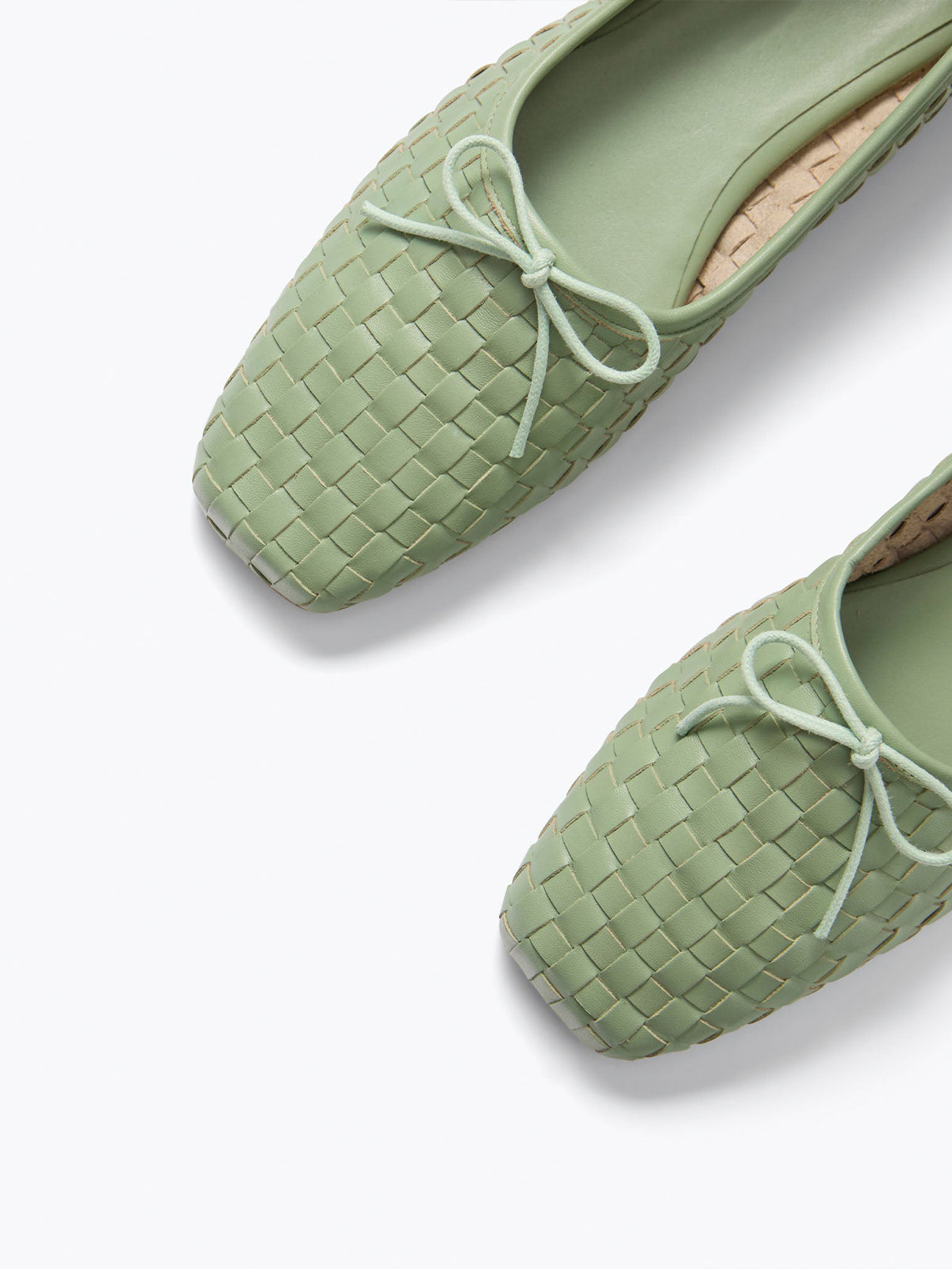 Vegan Leather Woven Square-Toe Bow Ballet Flats - Seafoam Green