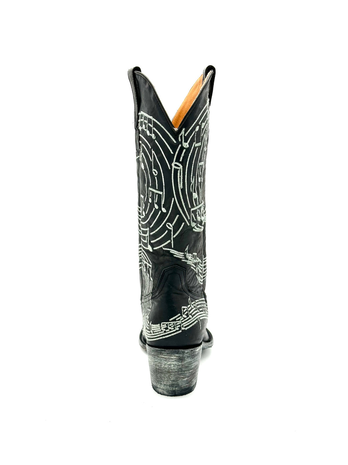 Black Almond-Toe Musical Note Embroidery Mid Calf Cowgirl Boots