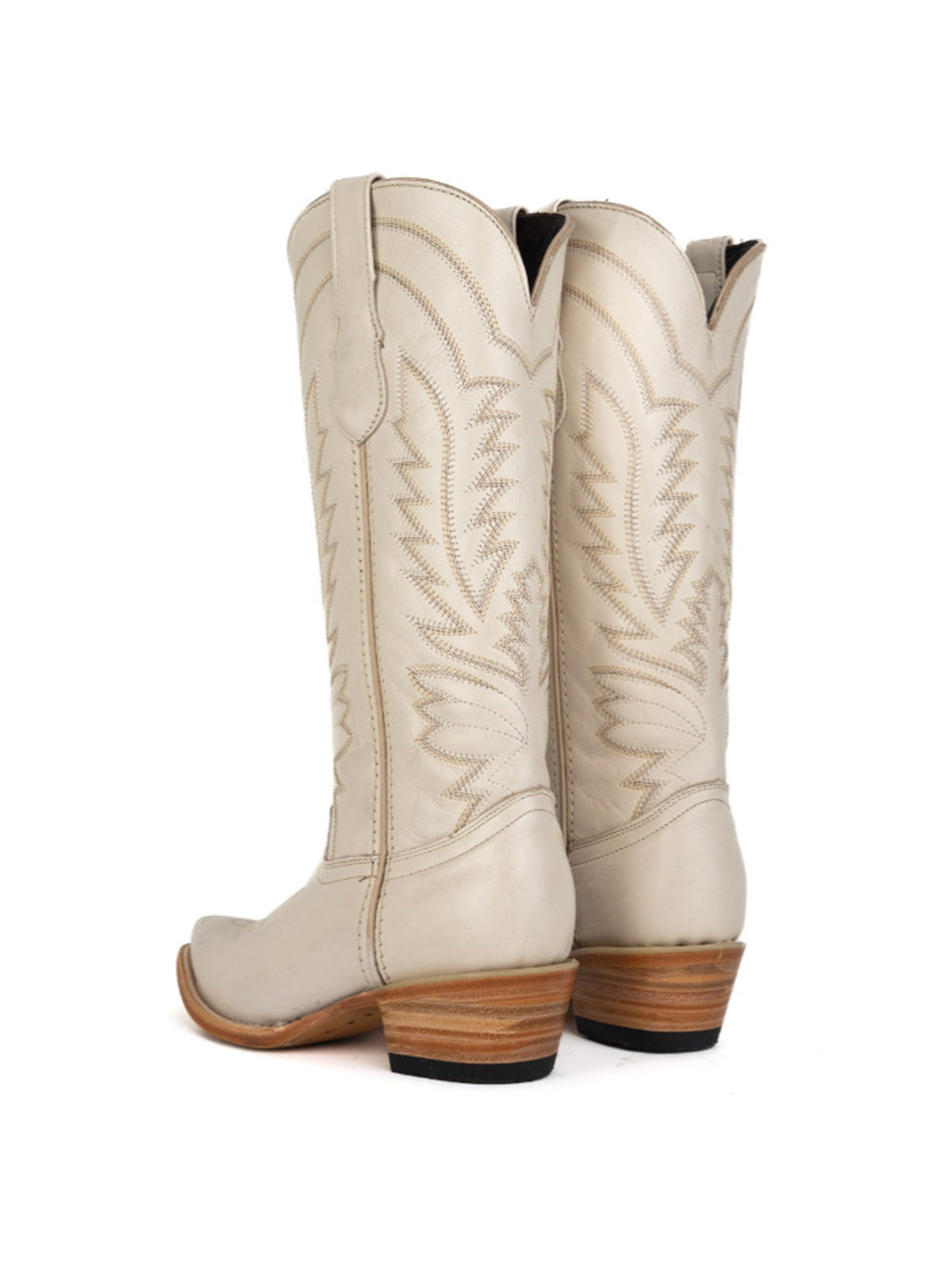 Snip-Toe Sleek Embroidery Wide Calf Knee High Cowgirl Boots For Woman - Beige