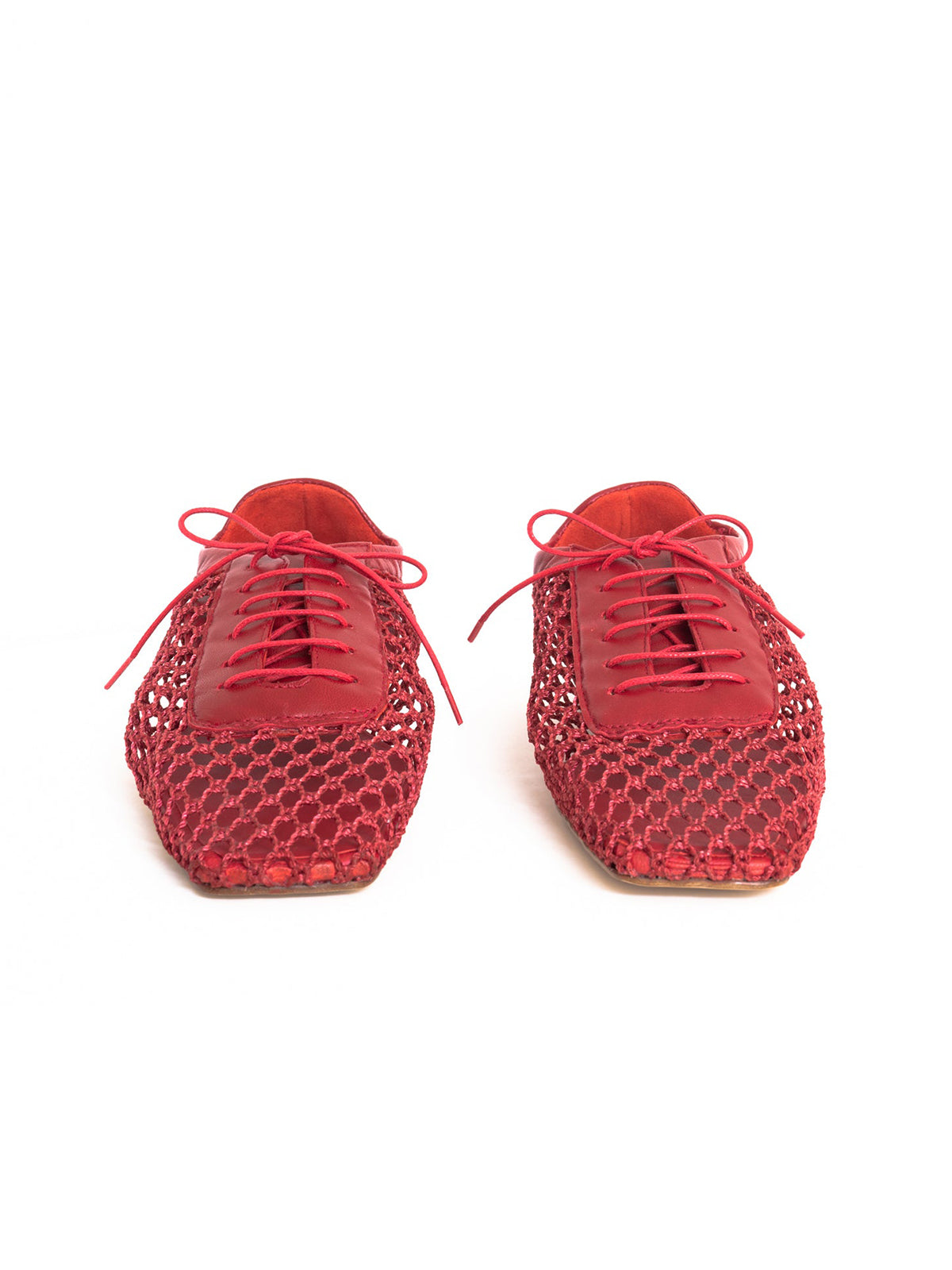 Red Mesh And Vegan Leather Square-Toe Lace-Up Chic Flats