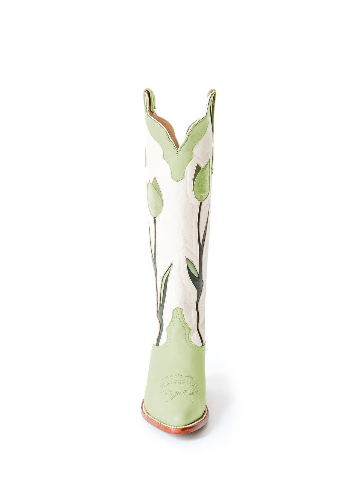 Contrast Green And Ivory Almond-Toe Tulip Inlay Wide Calf Knee High Cowgirl Boots