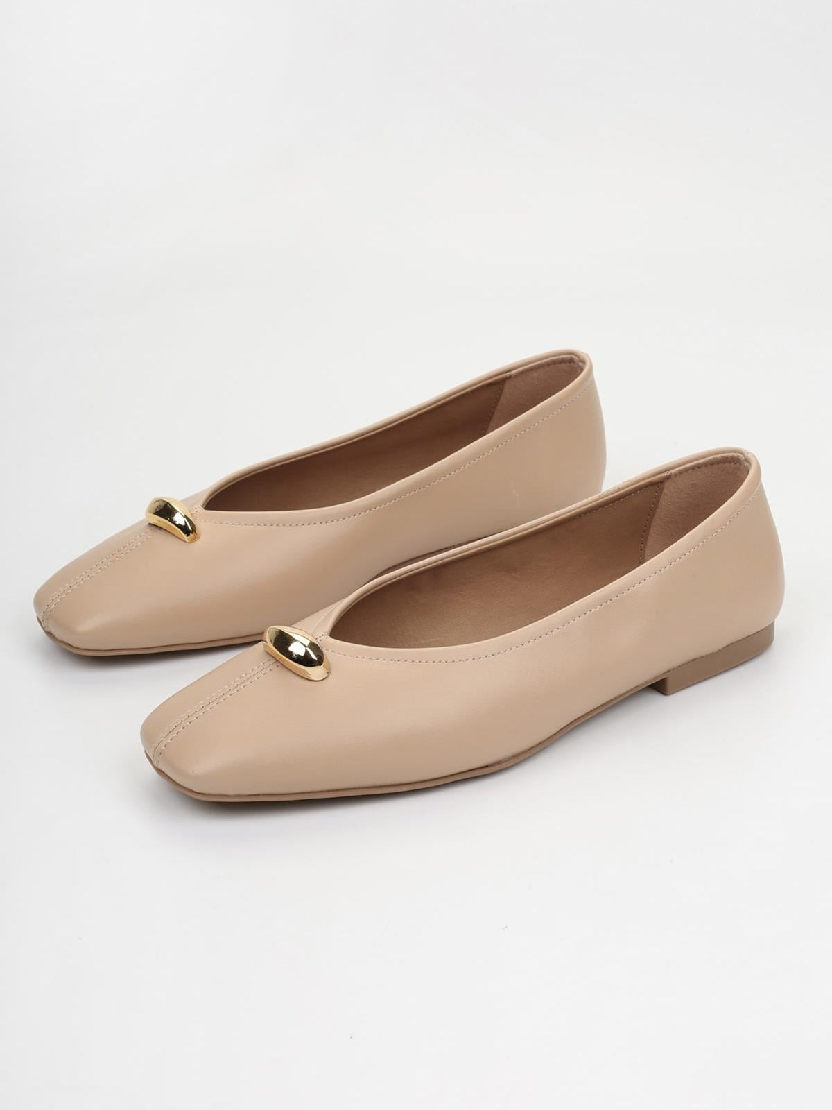 Nude Square-Toe Front Gold Metal Detail Slip-On Flats