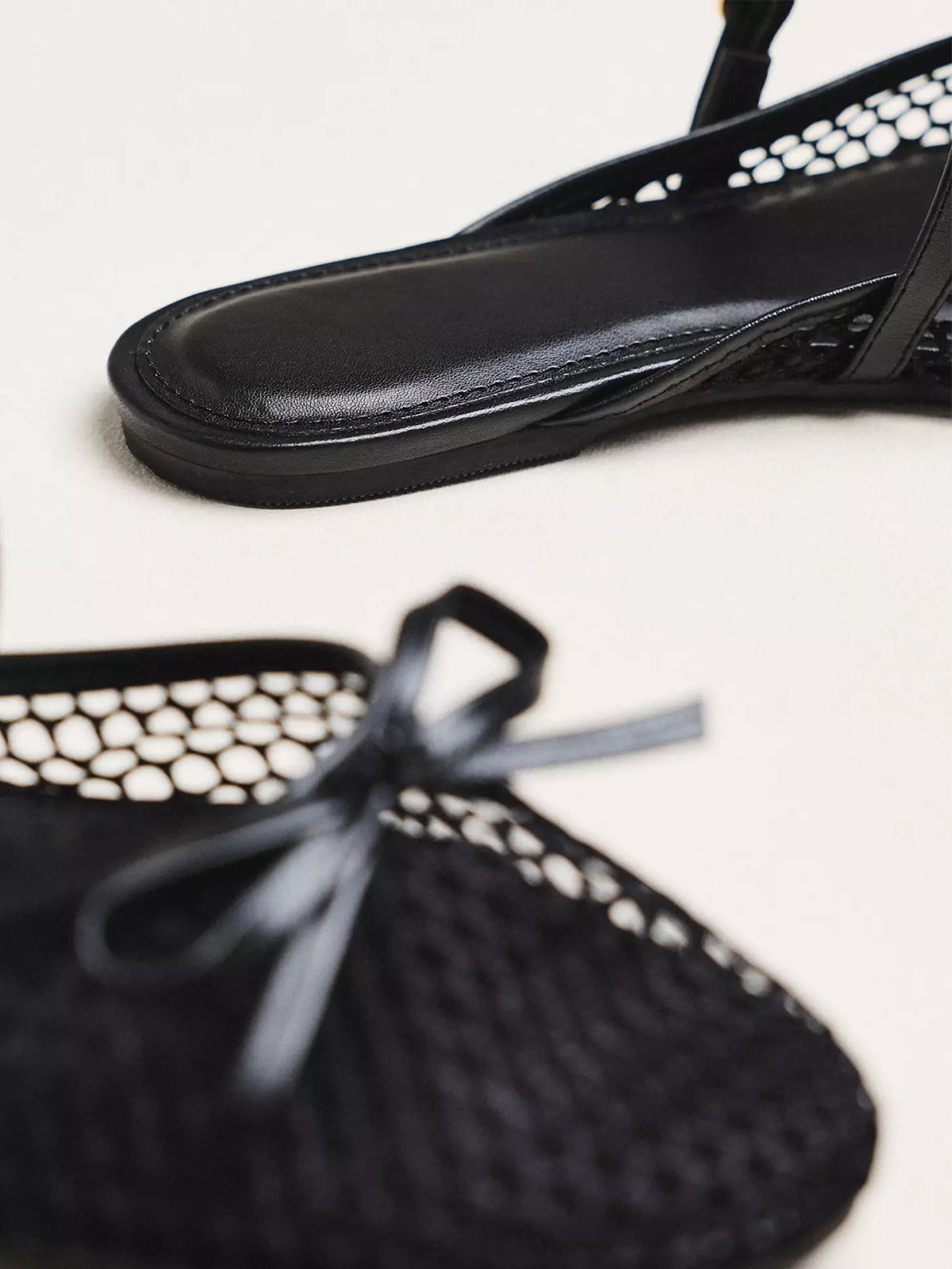 Black Mesh Round-Toe Front Bow Mary Jane Mules Flats