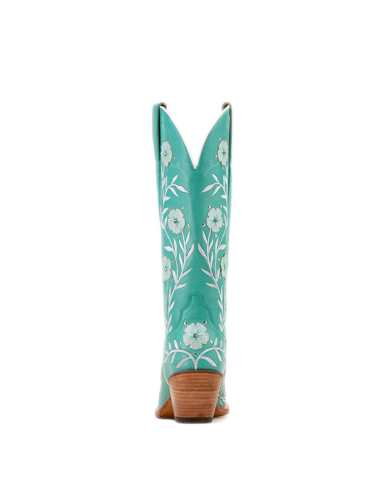 Turquoise Almond-Toe Flower Applique With Studs Mid Calf Embroidery Cowgirl Boots