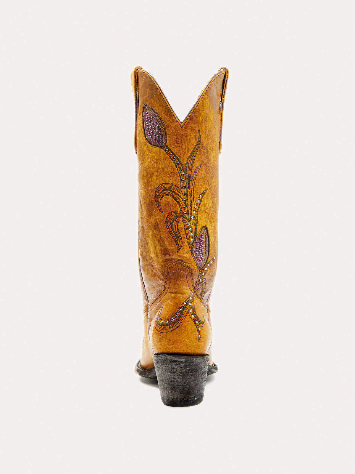 Vintage Yellow Snip-Toe Flower Inlay With Rhinestone Mid Calf Cowgirl Boots
