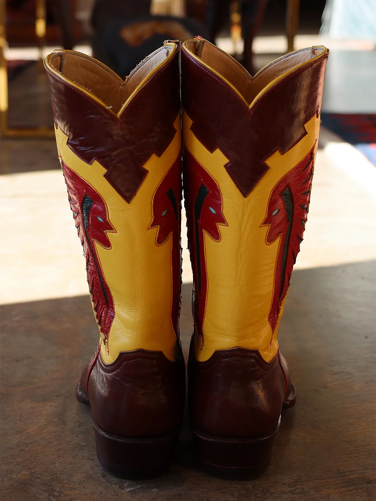 Contrast Yellow And Burgundy Almond-Toe Broken Arrow Inlay Mid Calf Cowgirl Boots