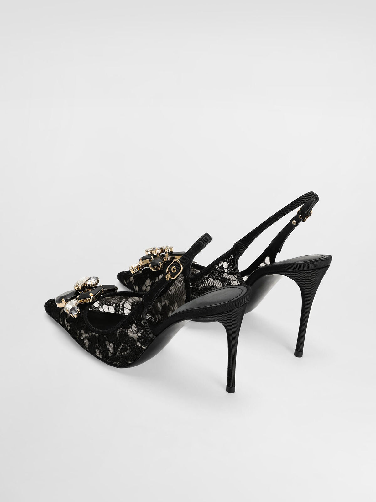 Black Lace Mesh Pointed-Toe Front Crystals Slingback High Heels Pumps