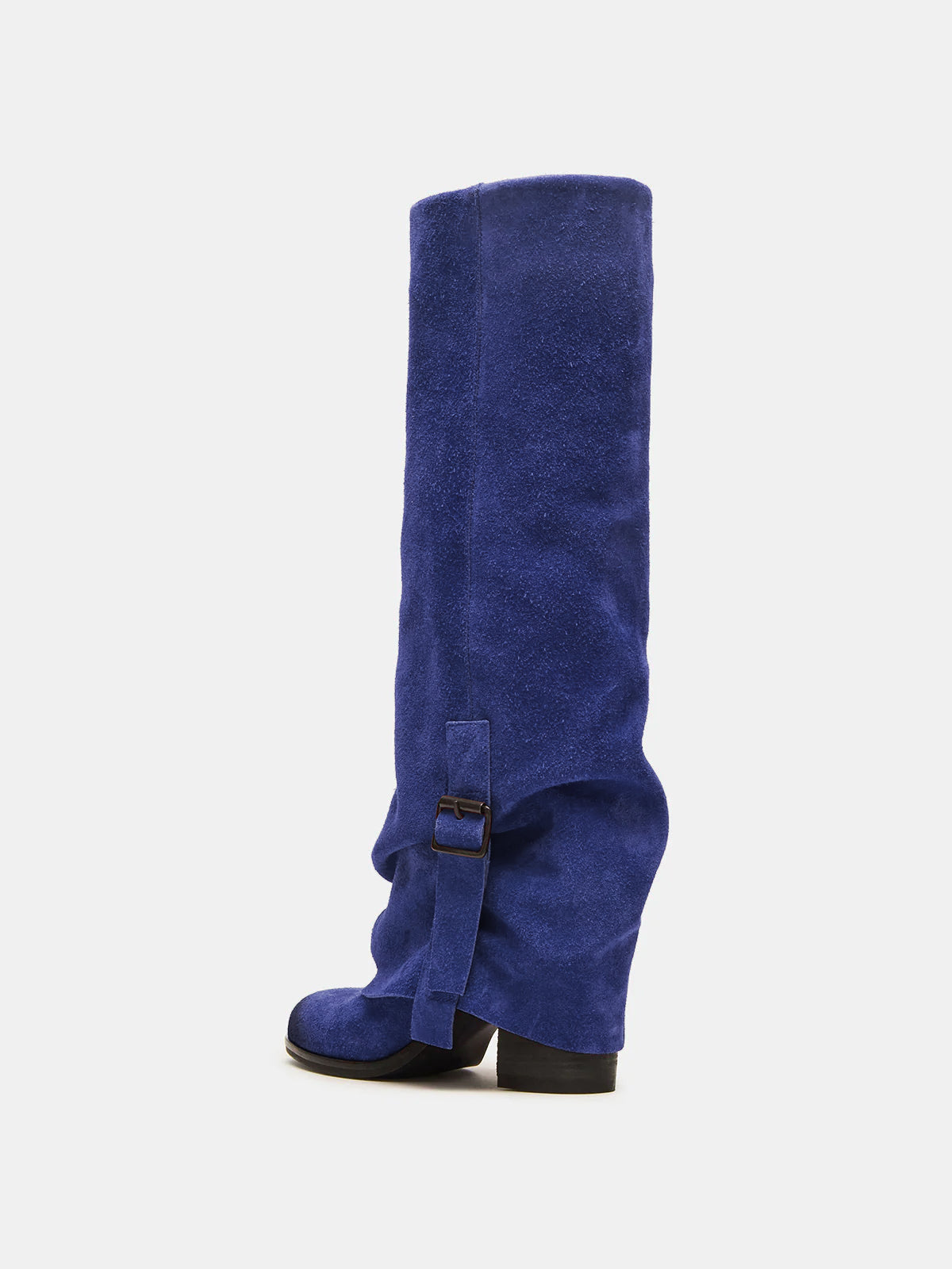 Lapis Faux Suede Round-Toe Fold-Over Adjustable Buckle Knee High Cowgirl Boots
