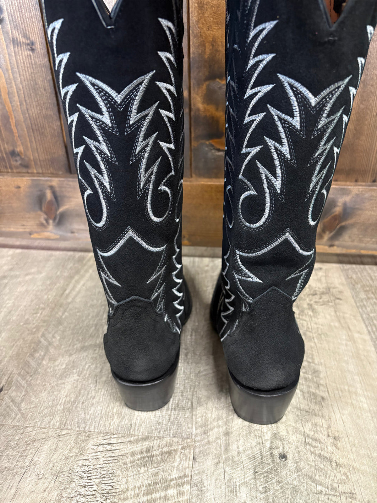 Black Faux Suede Snip-Toe Classic Embroidery Wide Calf Knee High Cowgirl Boots