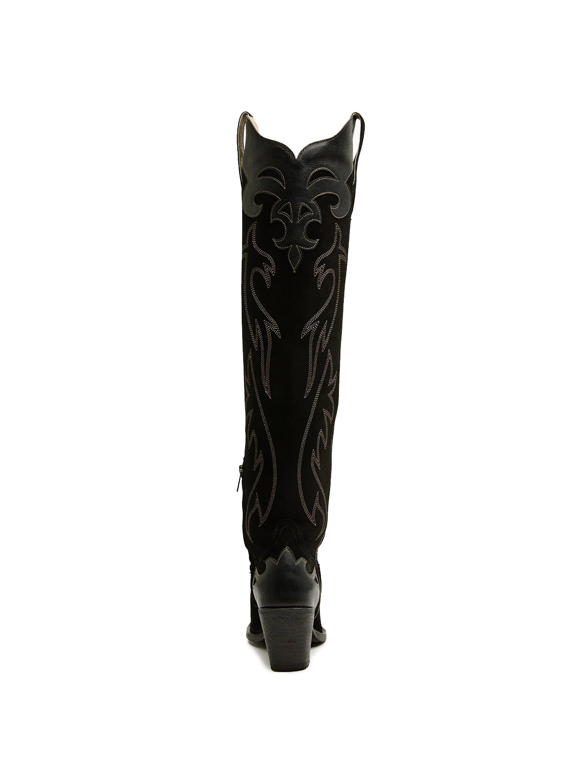 Black Faux Suede Almond-Toe Embroidery Applique Half-Zip Knee High Cowgirl Boots