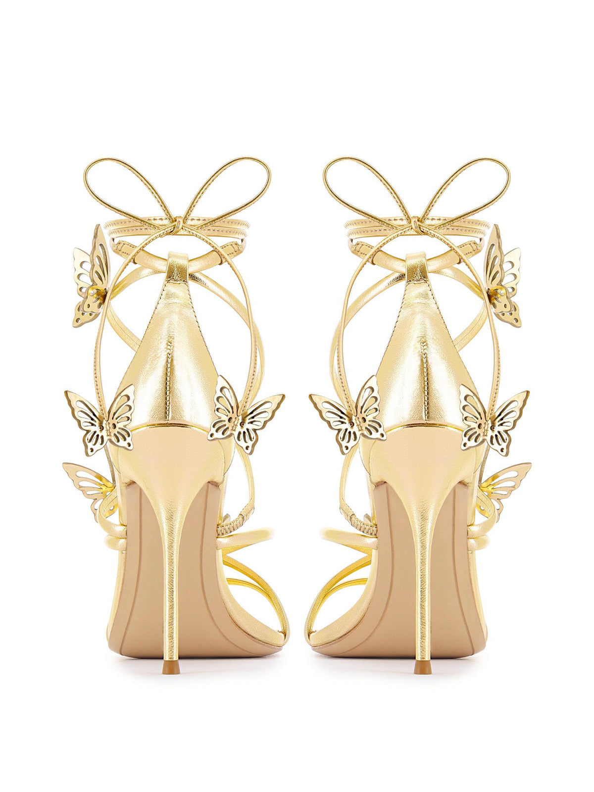 Metallic Gold Pointed-Toe Strappy With Butterflies High Heels