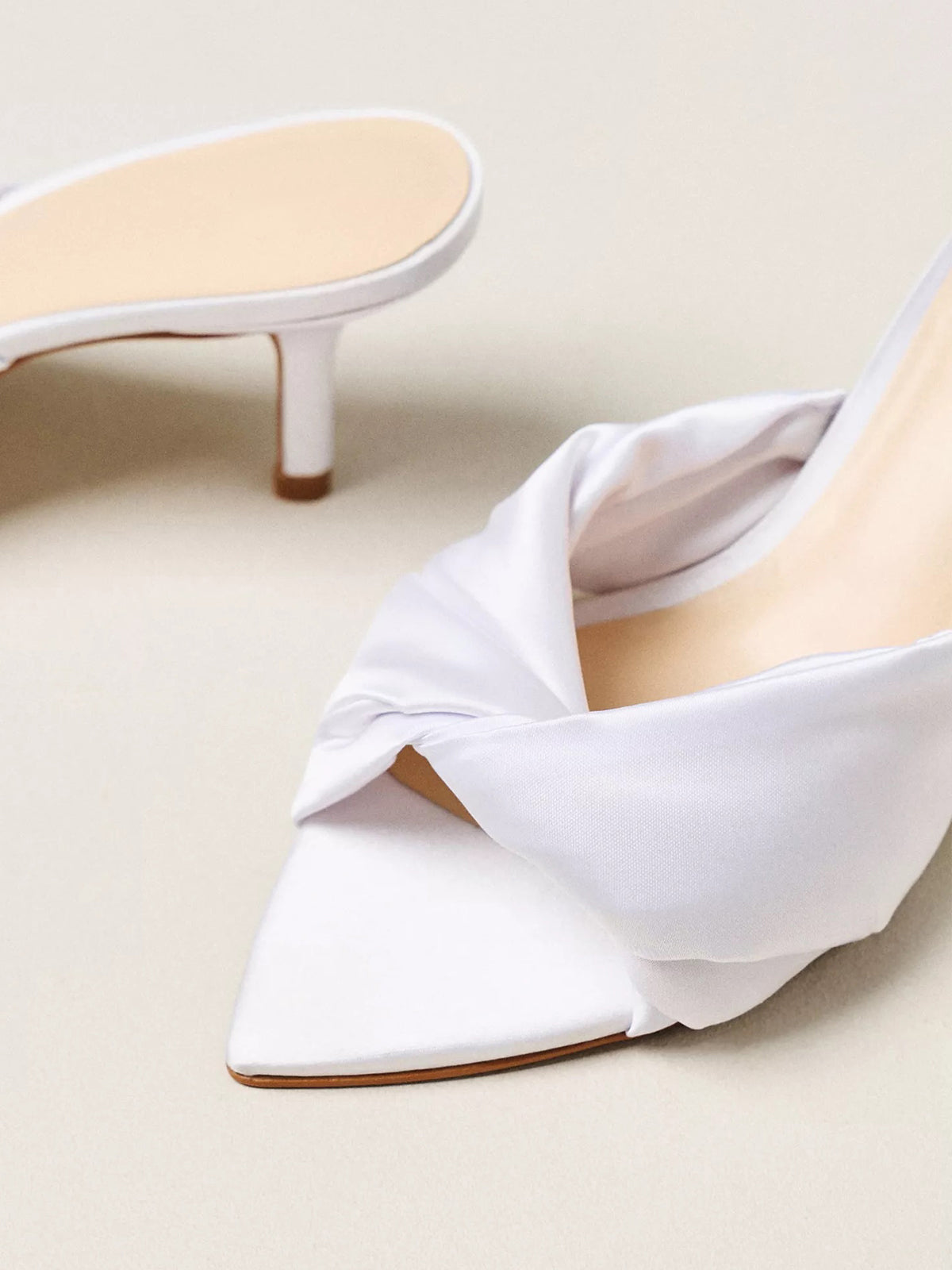 Satin Open Pointed-Toe Front Strap Backless Mules High Heels - White