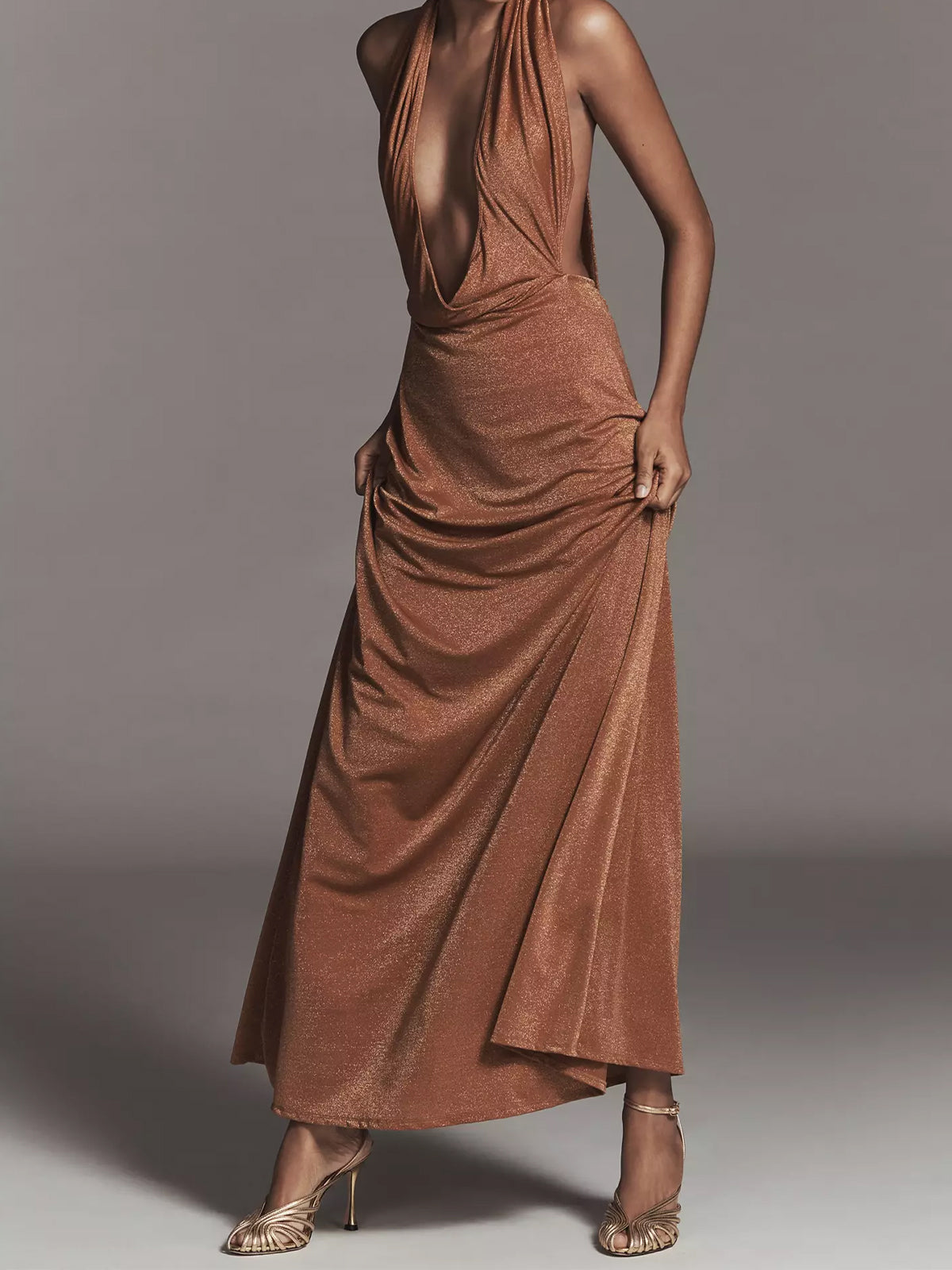 Metallic Gold Pointed-Toe Strappy Slingback And Buckle Ankle Strap High Heels