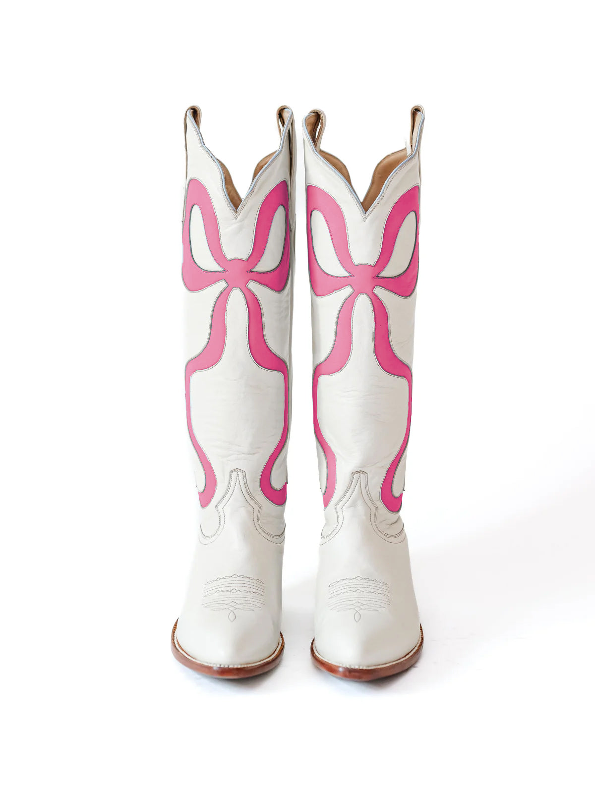 White Almond-Toe Wide Calf Western Boots Knee High Tall Boots With Rose Red Bowknot Inlay