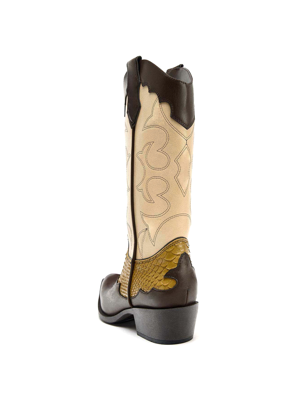 Contrast Tri-Color Almond-Toe Snakeskin Print And Inlay And Stitch Mid Calf Cowgirl Boots